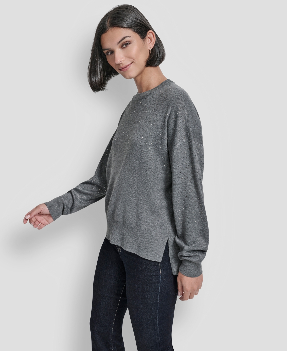 Dkny Women's Sparkle Hotfix Long Sleeve Sweater In Gray