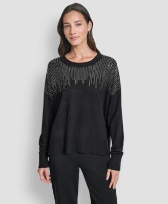 DKNY - Women's Hotfix Fringe Long Sleeve Sweater