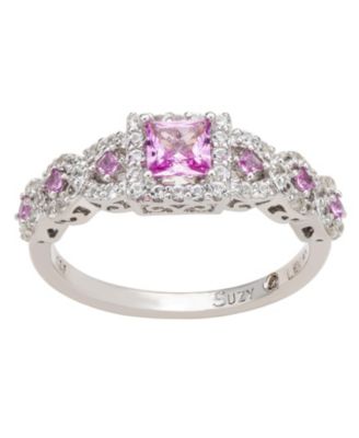 Suzy Levian Sterling Silver Assher Cut Sapphire and Created White Sapphire Proposal Ring