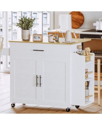 Kitchen Island with Storage, Drop Leaf, 3 Open Spice Rack Shelf, White
