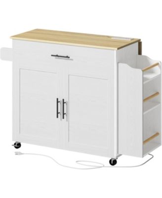 Kitchen Island with Storage, Drop Leaf, 3 Open Spice Rack Shelf, White