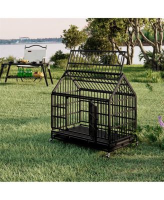 Black Metal 48 in. Heavy Duty Dog Crate with Wheels, Folding Big Dog Cage with a pointed roof and Removable Tray