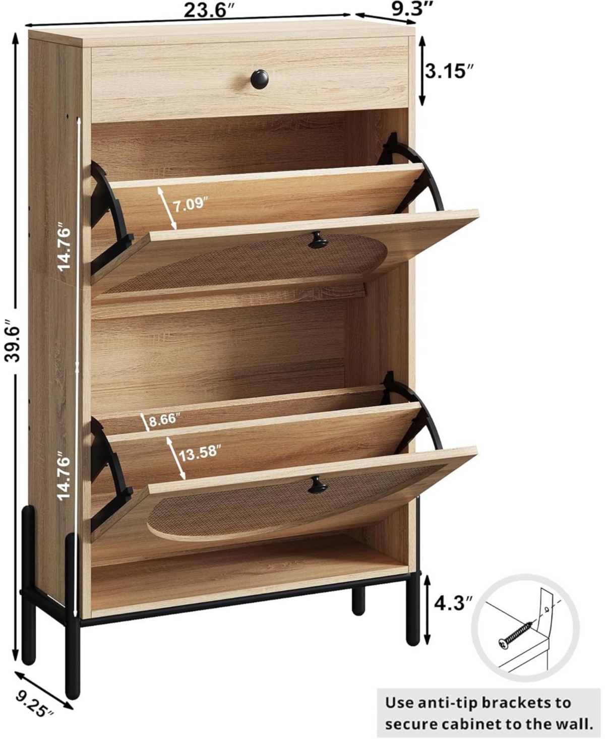 Ironck Shoe Cabinet with 2 Flip Drawers, Oak
