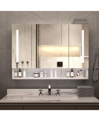 39×28 Inch Aluminum Bathroom Mirror Cabinet with LED Lights and Storage Compartments