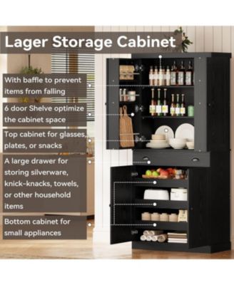 Kitchen Pantry with Drawer, Sliding Storage Rack, Black