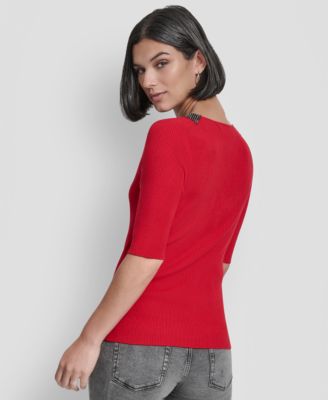 Women's Embellished-Neck Half-Sleeve Ribbed Sweater