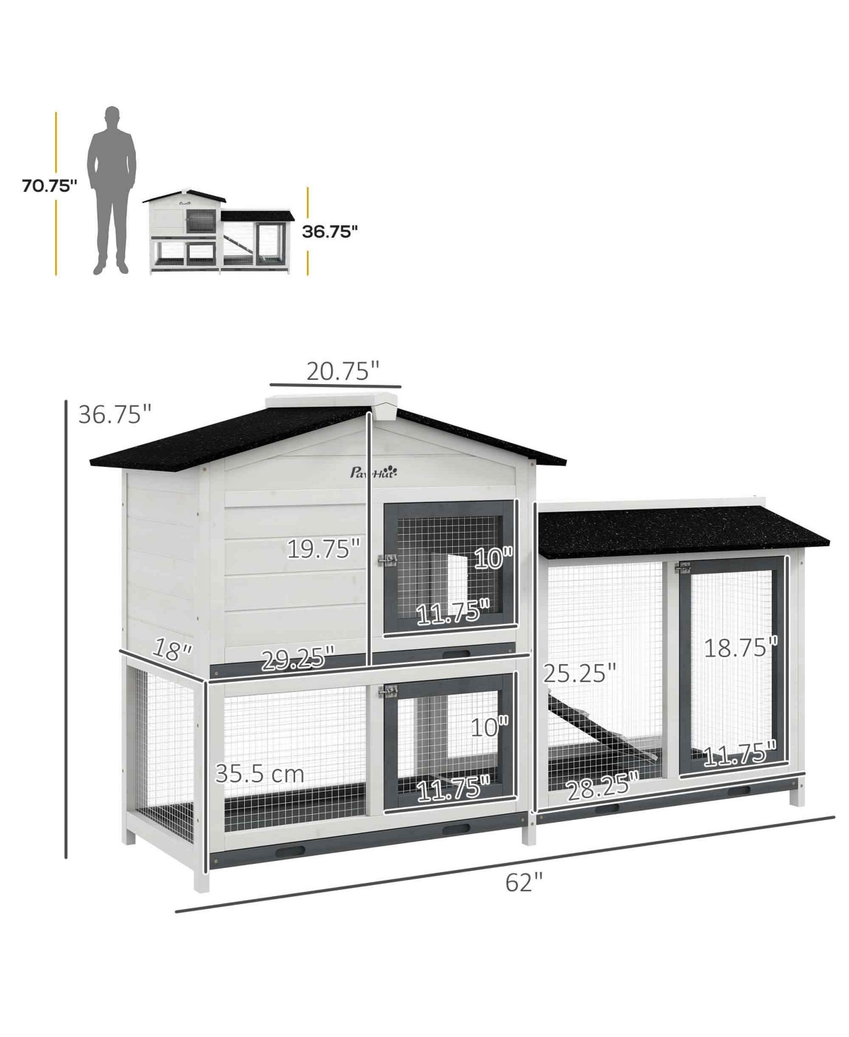 PawHut 2-Story Rabbit Hutch Wooden Bunny Hutch Cage Small Animal House