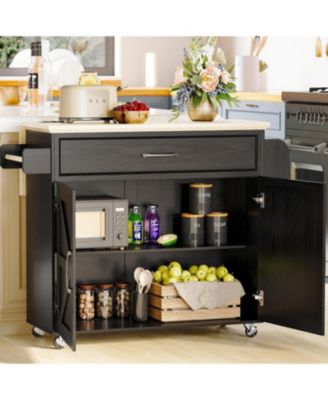 Kitchen Island Cart with Storage, Power Outlet and Drop Leaf, Black