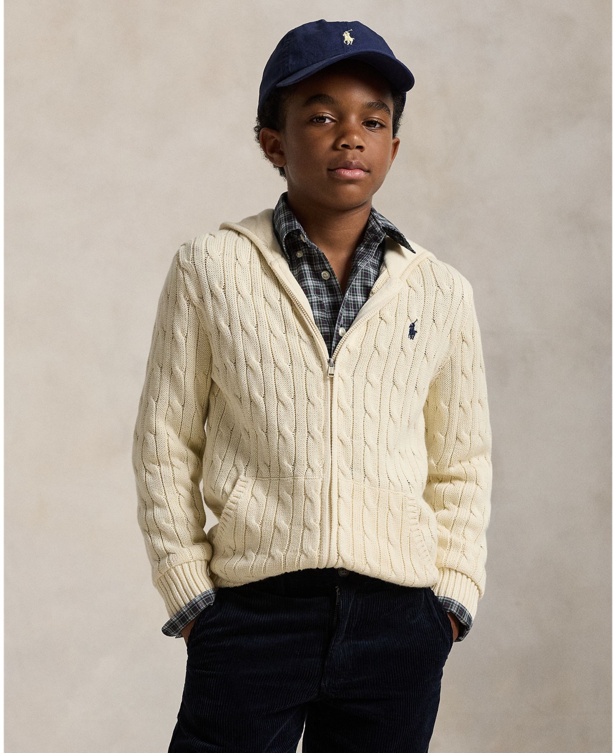 Polo Ralph Lauren Cable Cotton Hooded Full-zip Sweater In Neutral