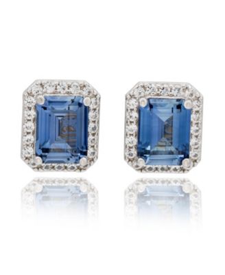 Suzy Levian Sterling Emerald Cut Sapphire & Created Sapphire Halo Stud Earrings