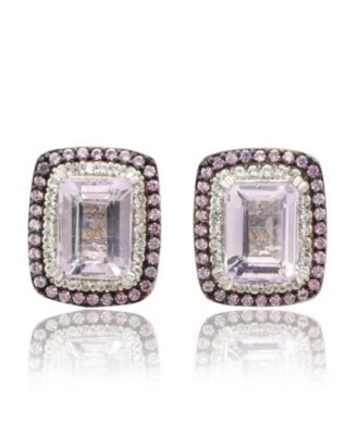 Suzy Levian Sterling Silver Emerald Cut Topaz And Sapphire Double Halo Stud Earrings
