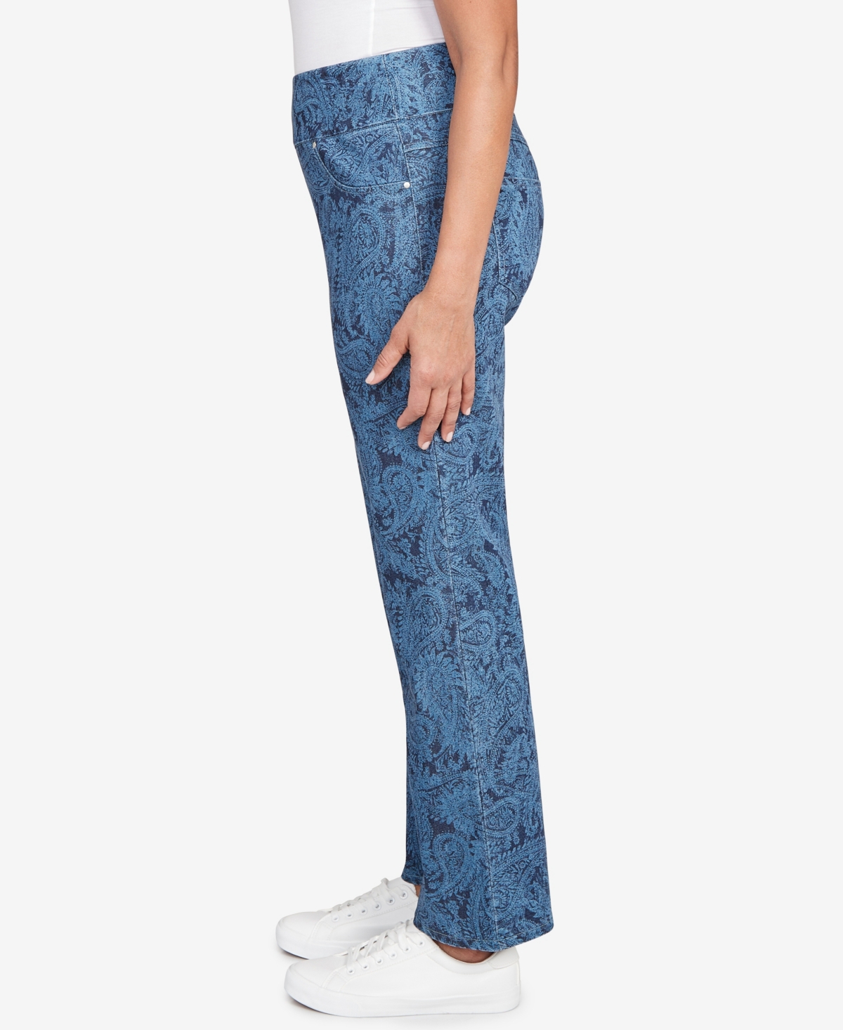 Ruby Rd. Petite Paisley Stretch Denim Pull On Ankle Jeans In Blue