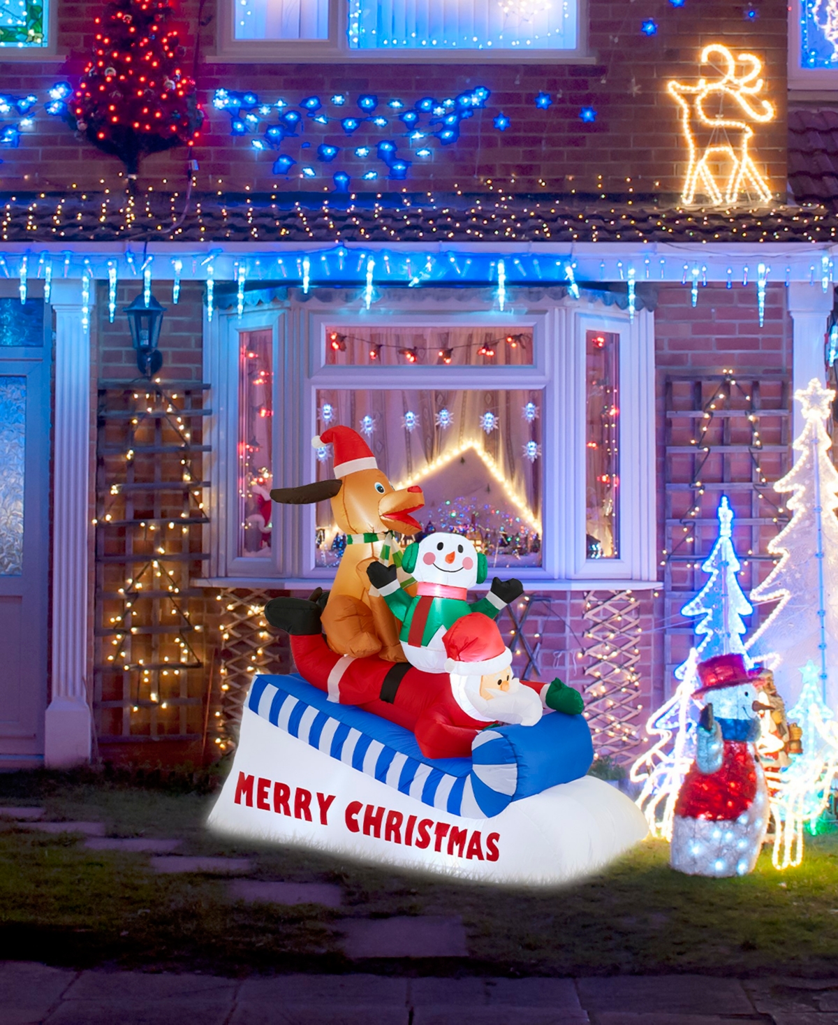 Glitzhome 6" Lighted Inflatable Skiing Santa, Snowman And Dog Decor In Multi