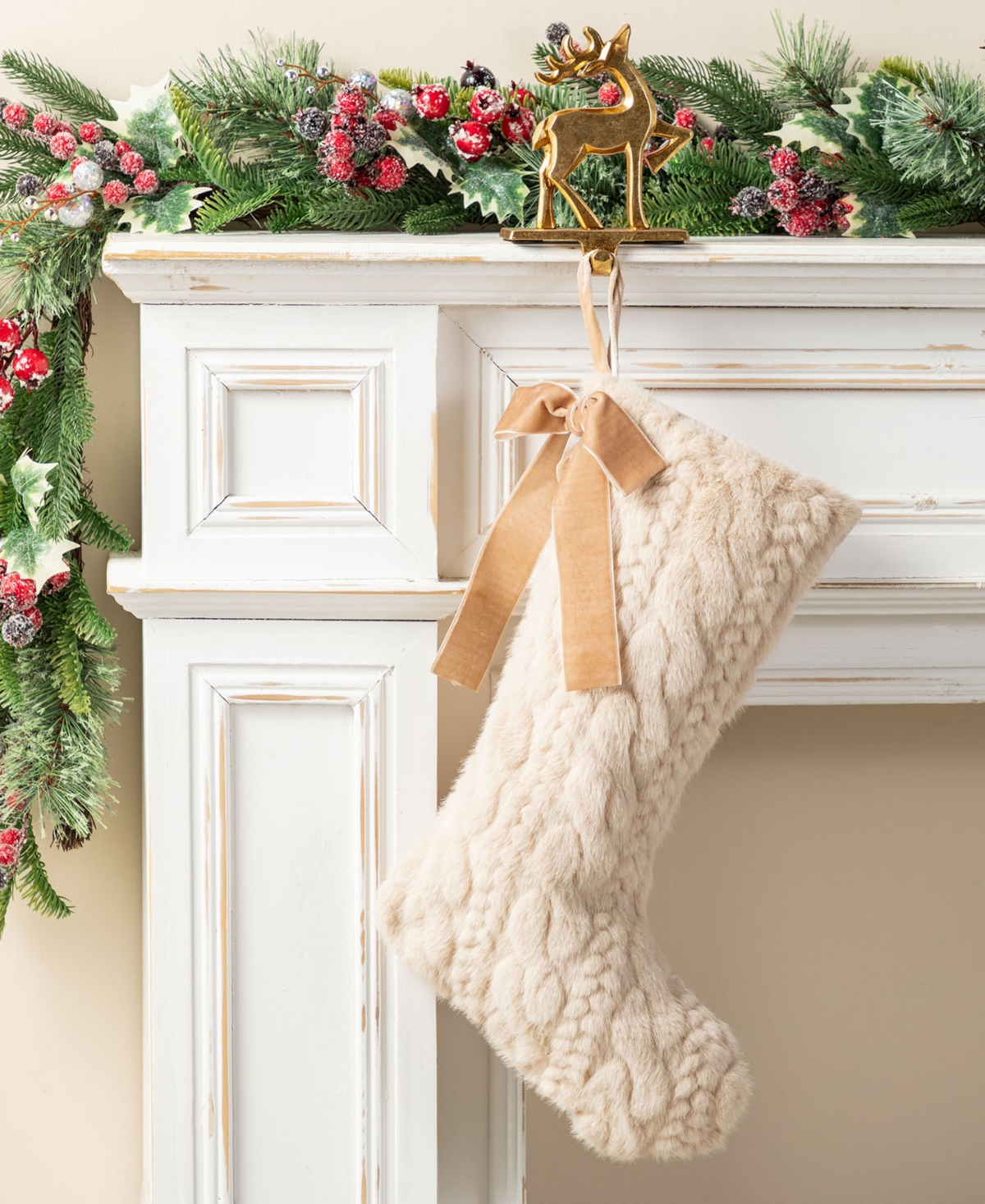 Glitzhome 21" Milk Coffee Brown Twisted Faux Marten Fur Christmas Stocking With Bow In Multi
