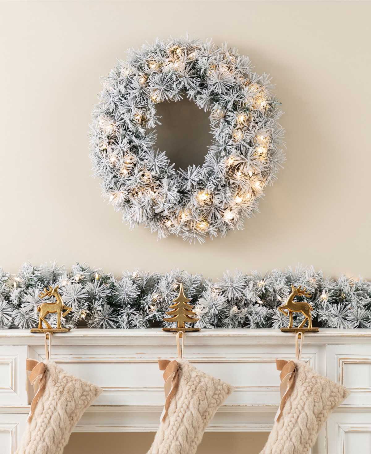 Glitzhome Pre-lit Snow Flocked Greenery Pine Christmas Wreath Matched Garlands, Set Of 3 In Multi