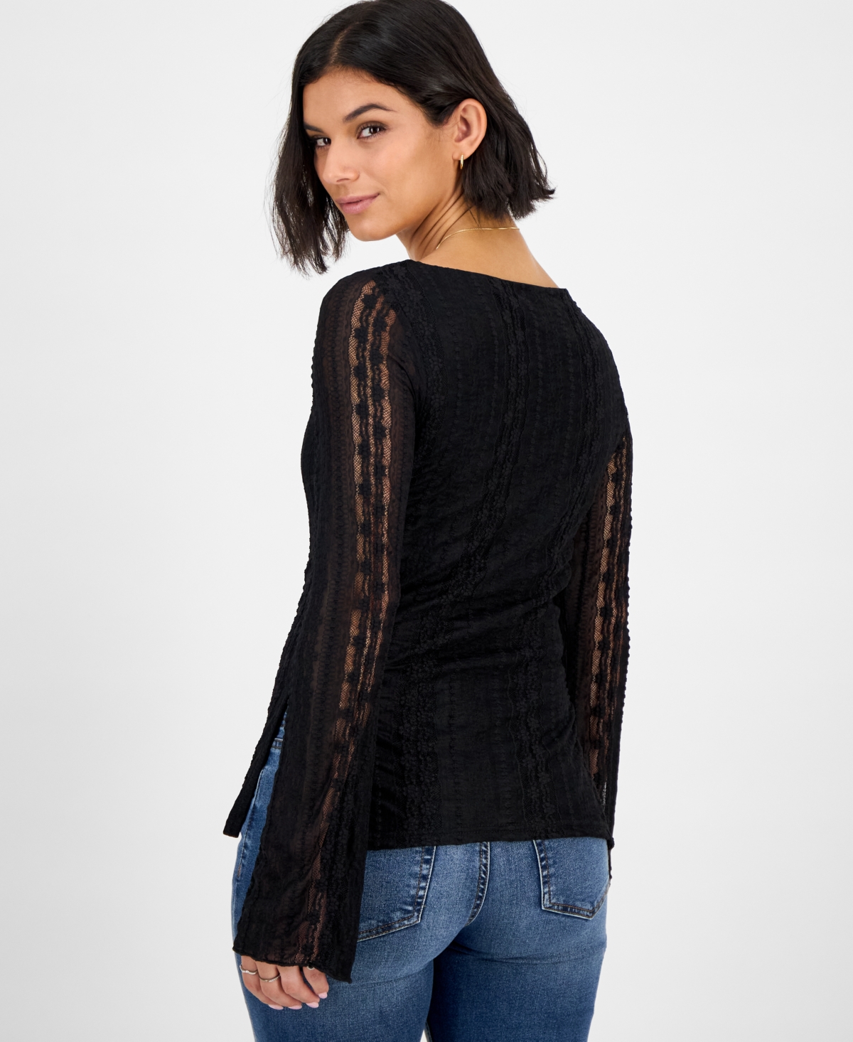Ultra Flirt Juniors' Lace Boat-neck Long-sleeve Top In Black