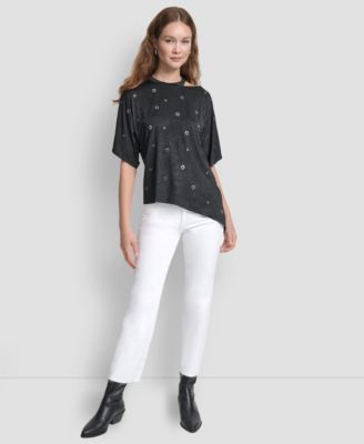 Women's Short Sleeve Grommet Detail Cutout Top