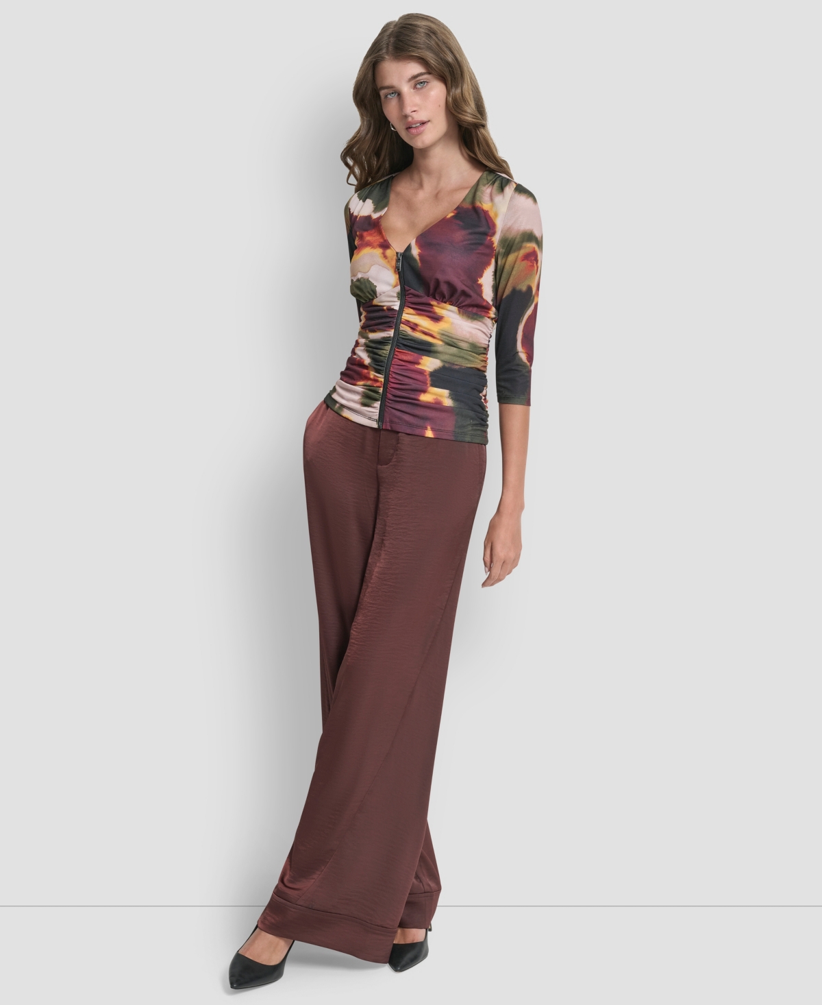 Dkny Ruched Knit Zip-up Top In Multi