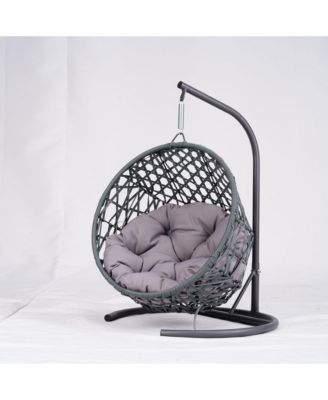 Gray Rattan Cat Swing Bed with Stand and Cushion for Indoor and Outdoor Use