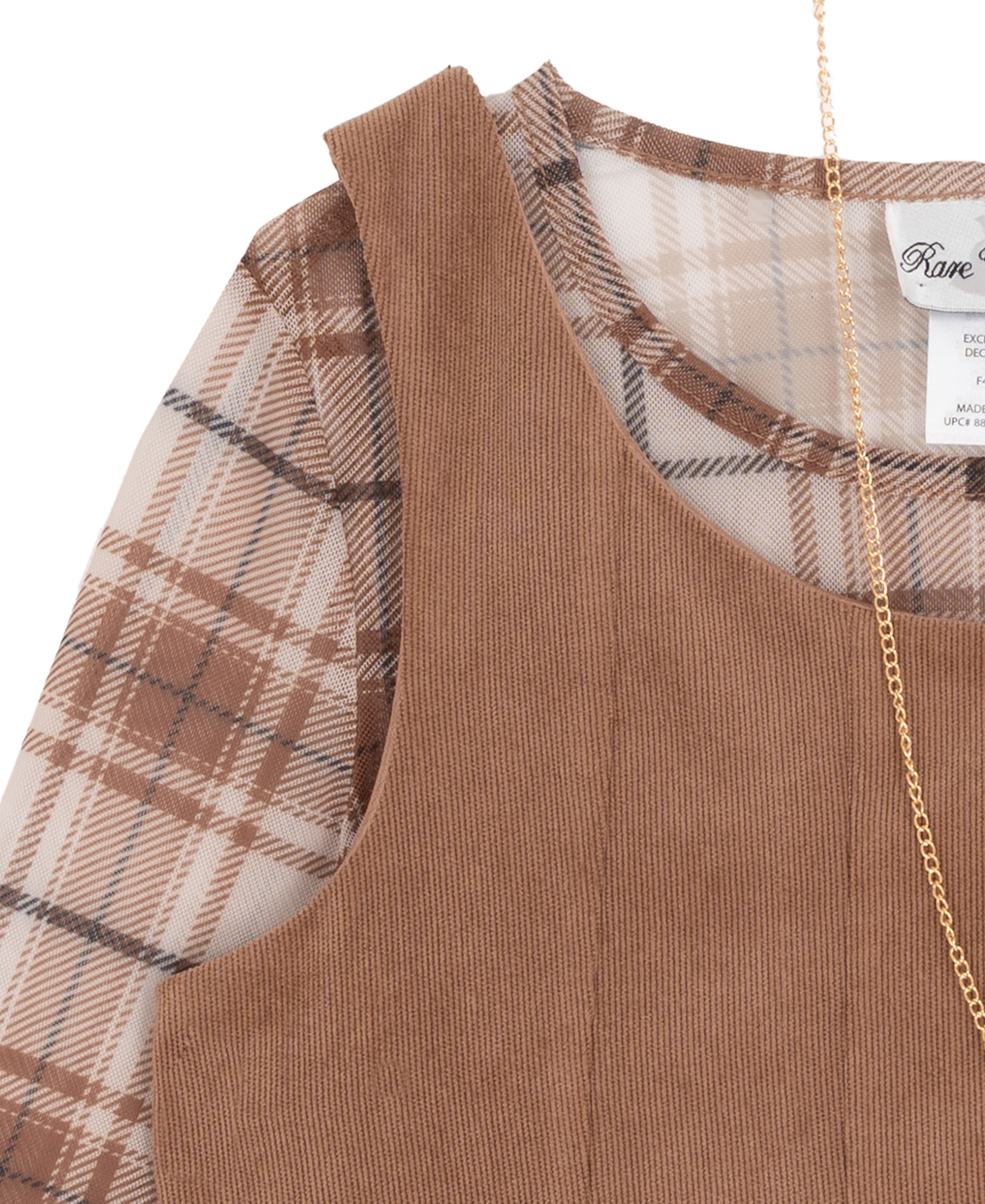 Rare Editions Big Girl 2-piece Corduroy Dress Over Plaid Mesh Top With Necklace Set In Brown