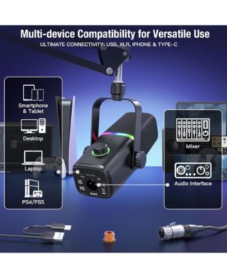 XLR/USB Dynamic Microphone for Gaming Podcast,Mic for iPhone Phone PC Computer Gaming Streaming Microphone with RGB Light,Mute Button,Mic Gain,Headphones Jack,Boom Arm Stand,Singing YouTube