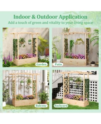 Wooden Raised Garden Bed w/ Trellis & Hanging Roof Planter Box Drainage System