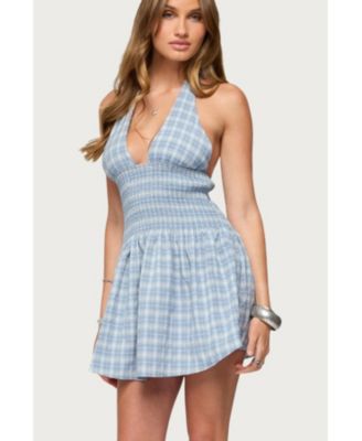 Women's Plaid Smocked Halter Mini Dress