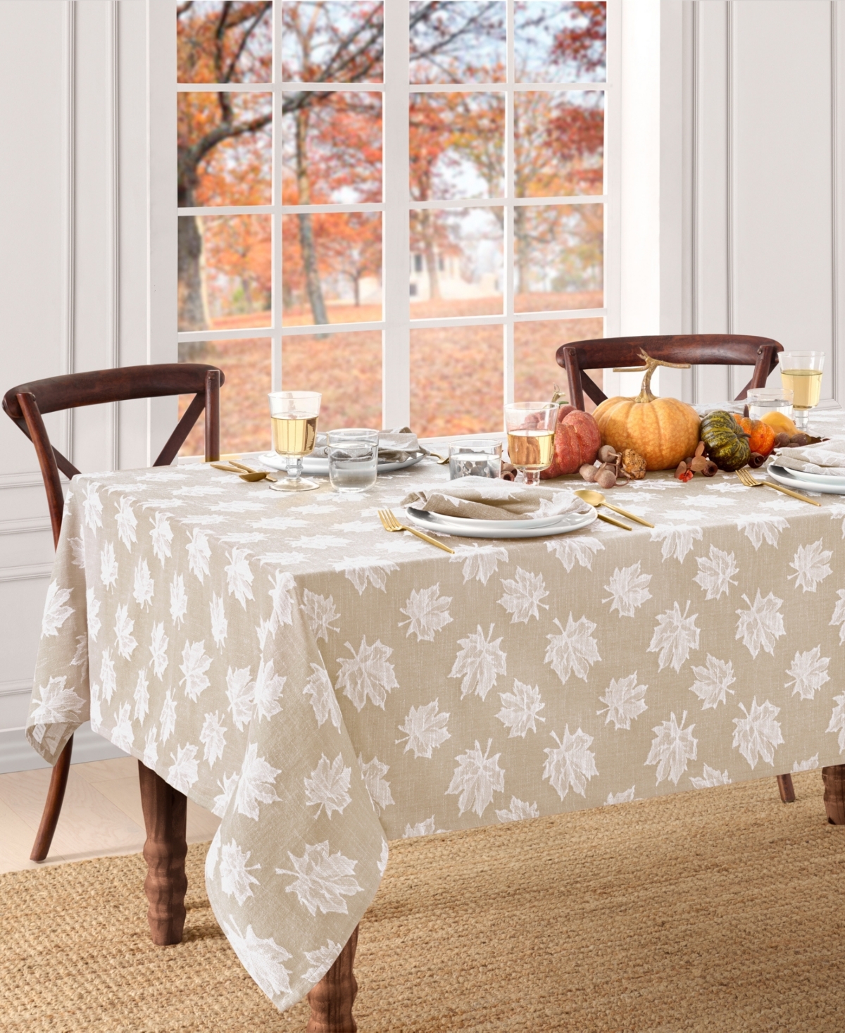 Elrene Falling Leaves Jacquard Cotton Tablecloth, 60" X 120" In Neutral