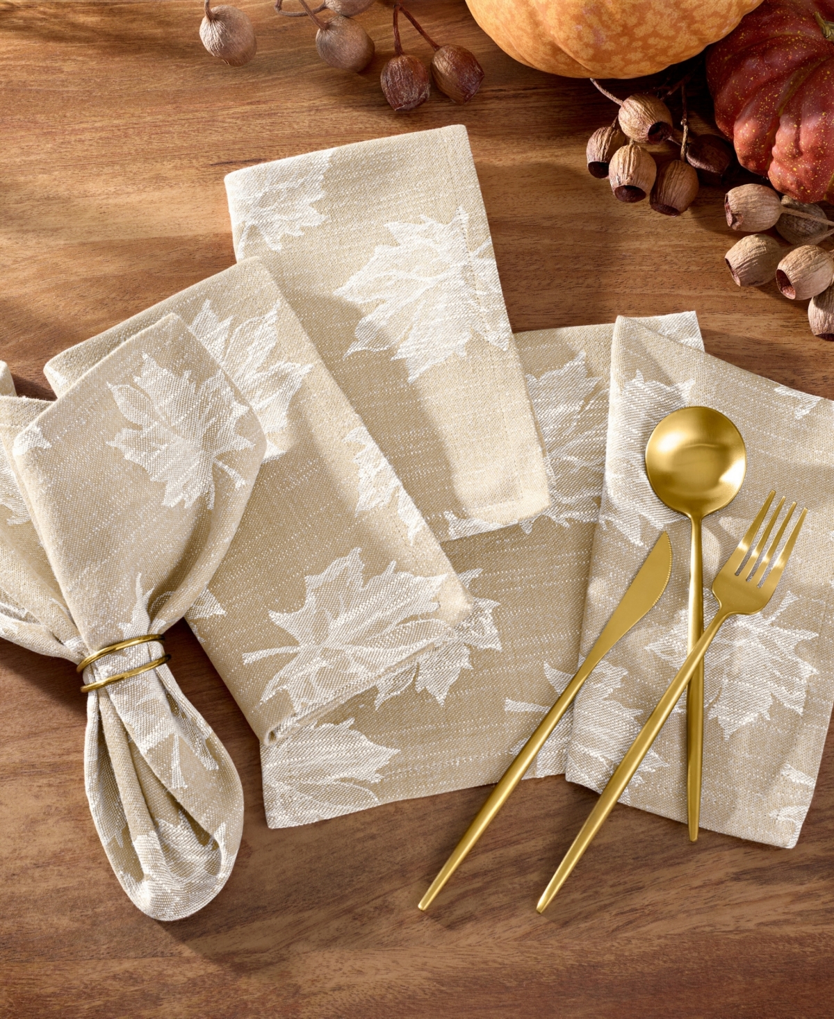 Elrene Falling Leaves Jacquard Cotton Napkins, Set Of 8 In Brown