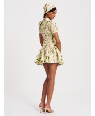 Women Zanella Green Floral Print Lace Trim Linen Top