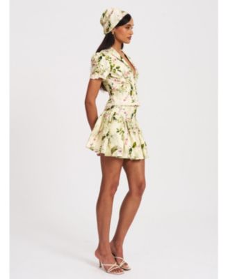 Women Zanella Green Floral Print Lace Trim Linen Top