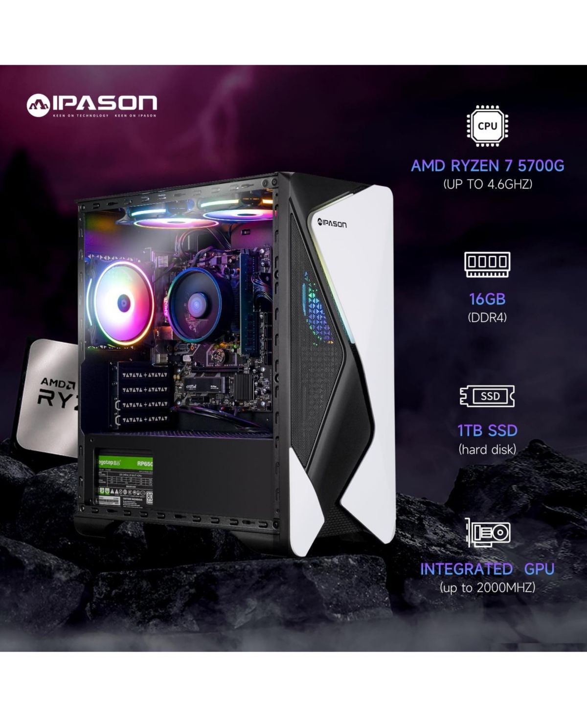 Ipason Prebuilt Home & Gaming Pc - Ryzen 7 5700G Apu, Integrated Graphics, 16GB Ram, 1TB Ssd, Win 11 Home - For Casual Gamers & Creators