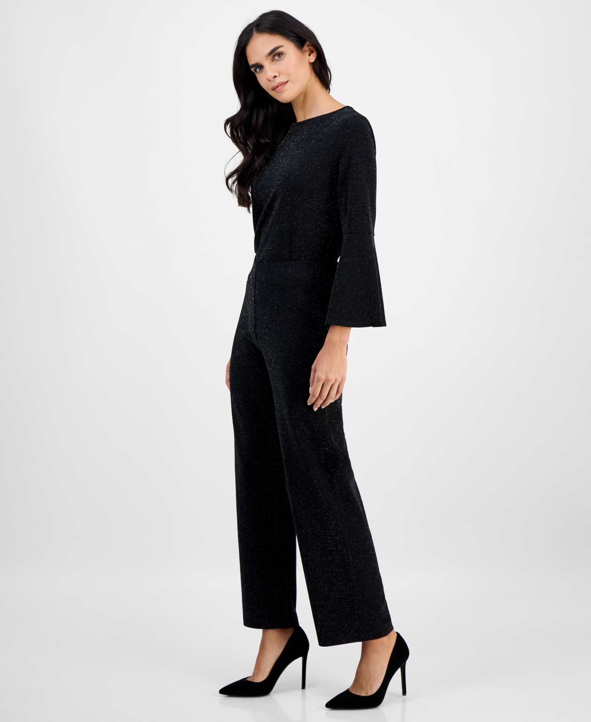 Ak Anne Klein Petite Pull-on Mid-rise Wide-leg Shimmer Pants In Black