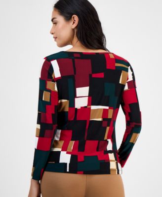 Petite Printed Ruched-Front Long-Sleeve Top