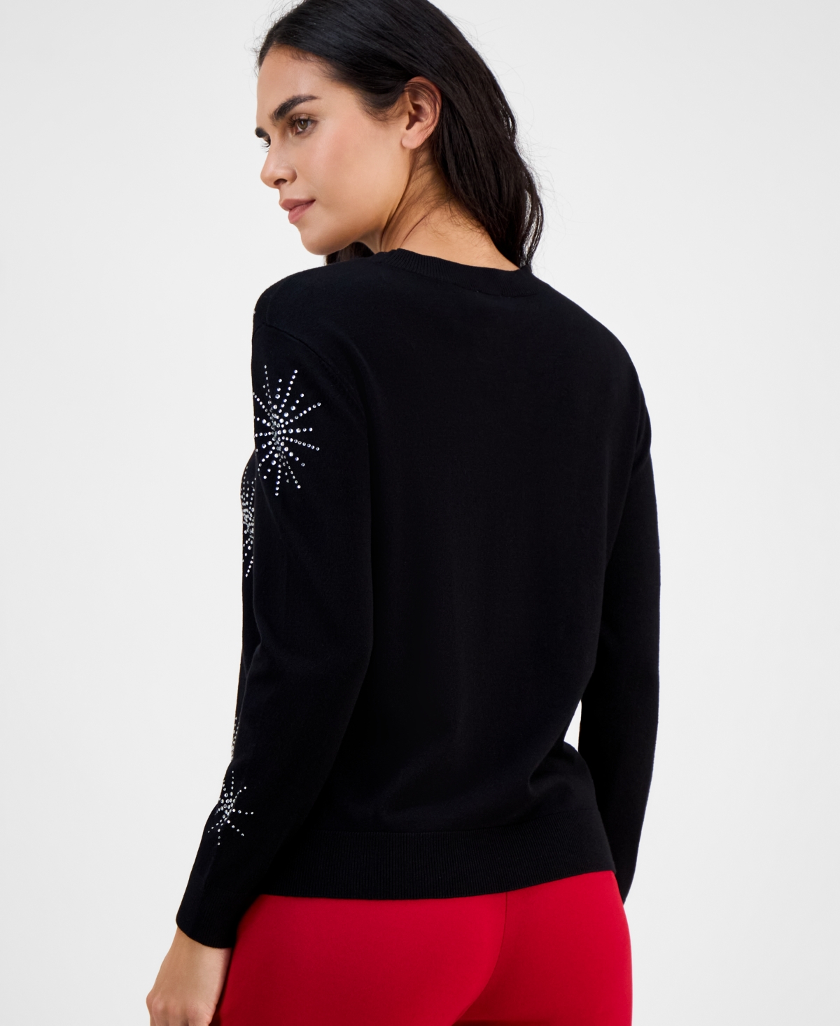 Ak Anne Klein Embellished Crewneck Long-sleeve Sweater In Black