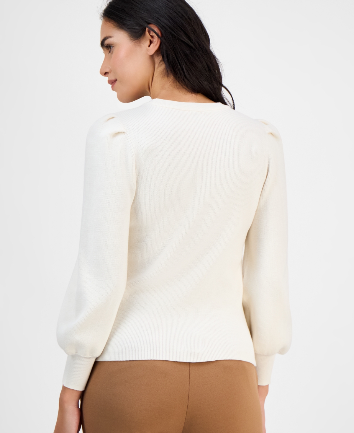 Ak Anne Klein Petite Embellished-crewneck Puff-sleeve Sweater In White
