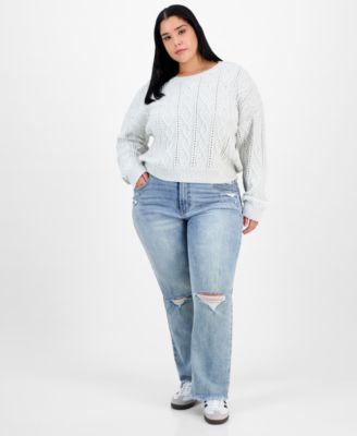 Trendy Plus Pearl Cable-Knit Scoop-Neck Sweater