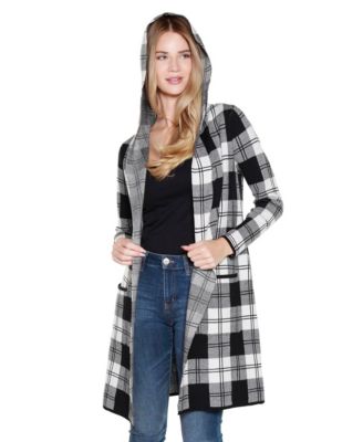 Women's Hooded Checkered Plaid Coatigan Sweater