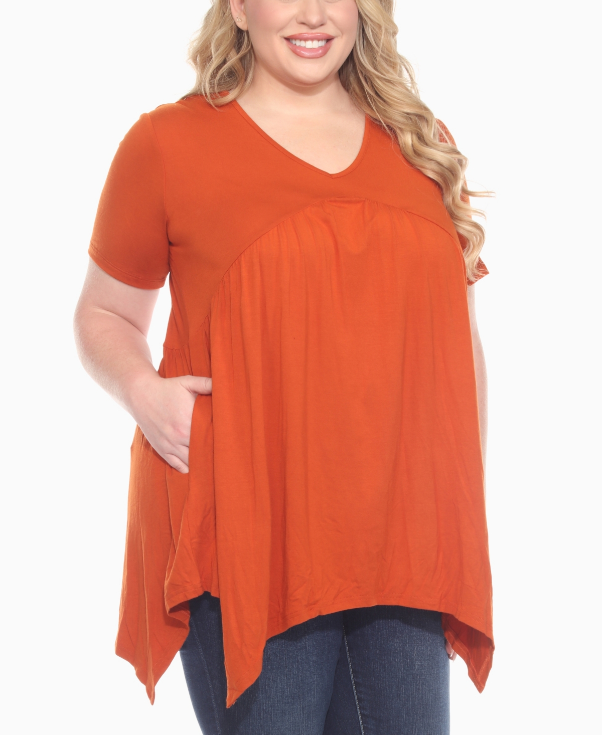 White Mark Plus Size Short Sleeve Shirred Front Knit Top In Orange