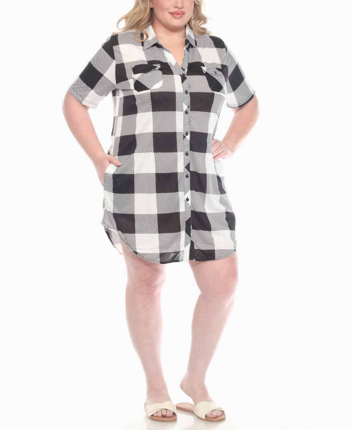 White Mark Plus Size Short Sleeve Plaid Button-down Shirt Dress In Black