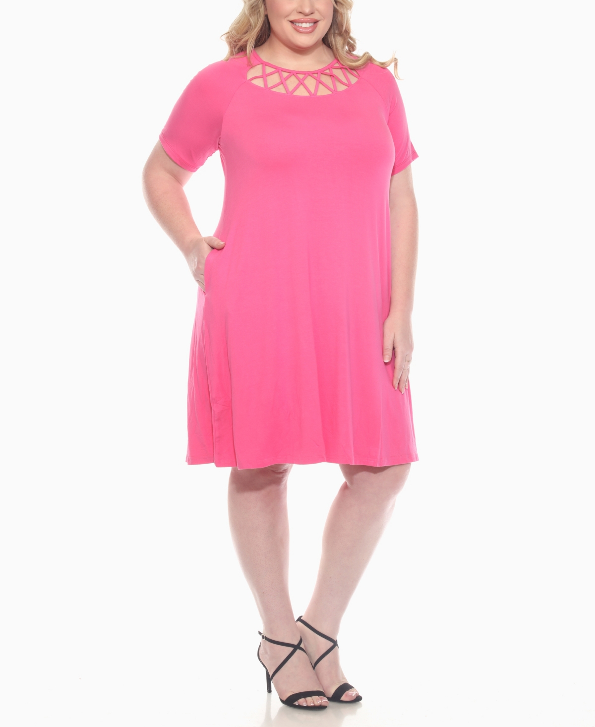 White Mark Plus Size Short Sleeve Crisscross Neck A-line Dress In Pink
