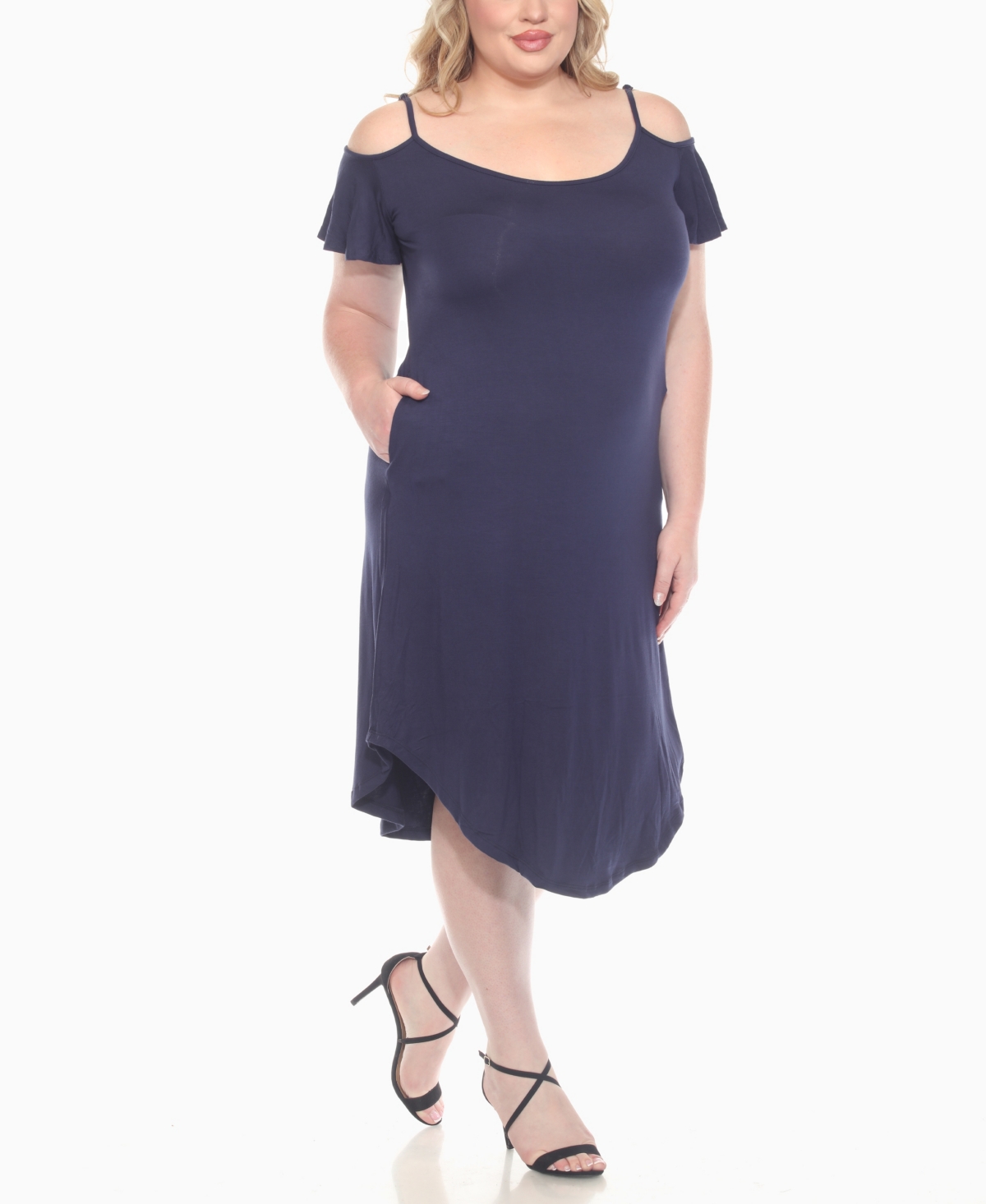 White Mark Plus Size Casual Scoop Neck Flutter Sleeve Knee Length Dress In Blue