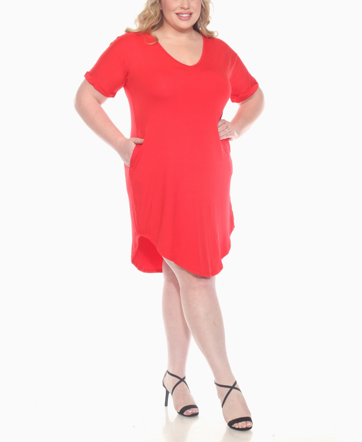 White Mark Plus Size V-neck Folded Sleeves And Pockets Knee-length Dress In Red