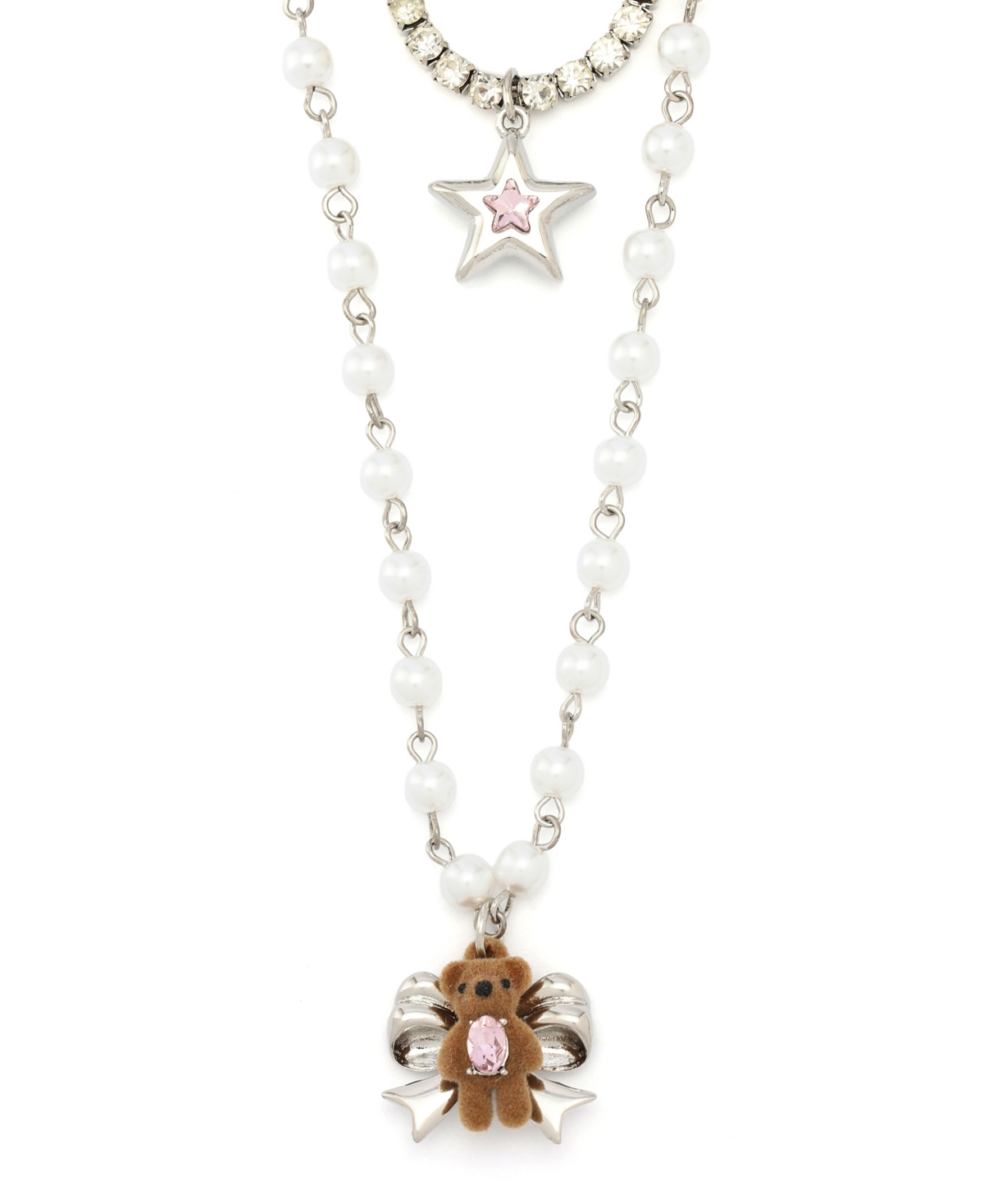 Betsey Johnson Faux Stone Teddy Bear Layered Necklace In Pink
