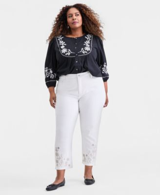 Plus Size Embroidered High-Rise Straight-Leg Cropped Jeans, Macy's Exclusive