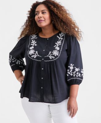Style & Co - Plus Size Cotton Embroidered 3/4-Sleeve Blouse