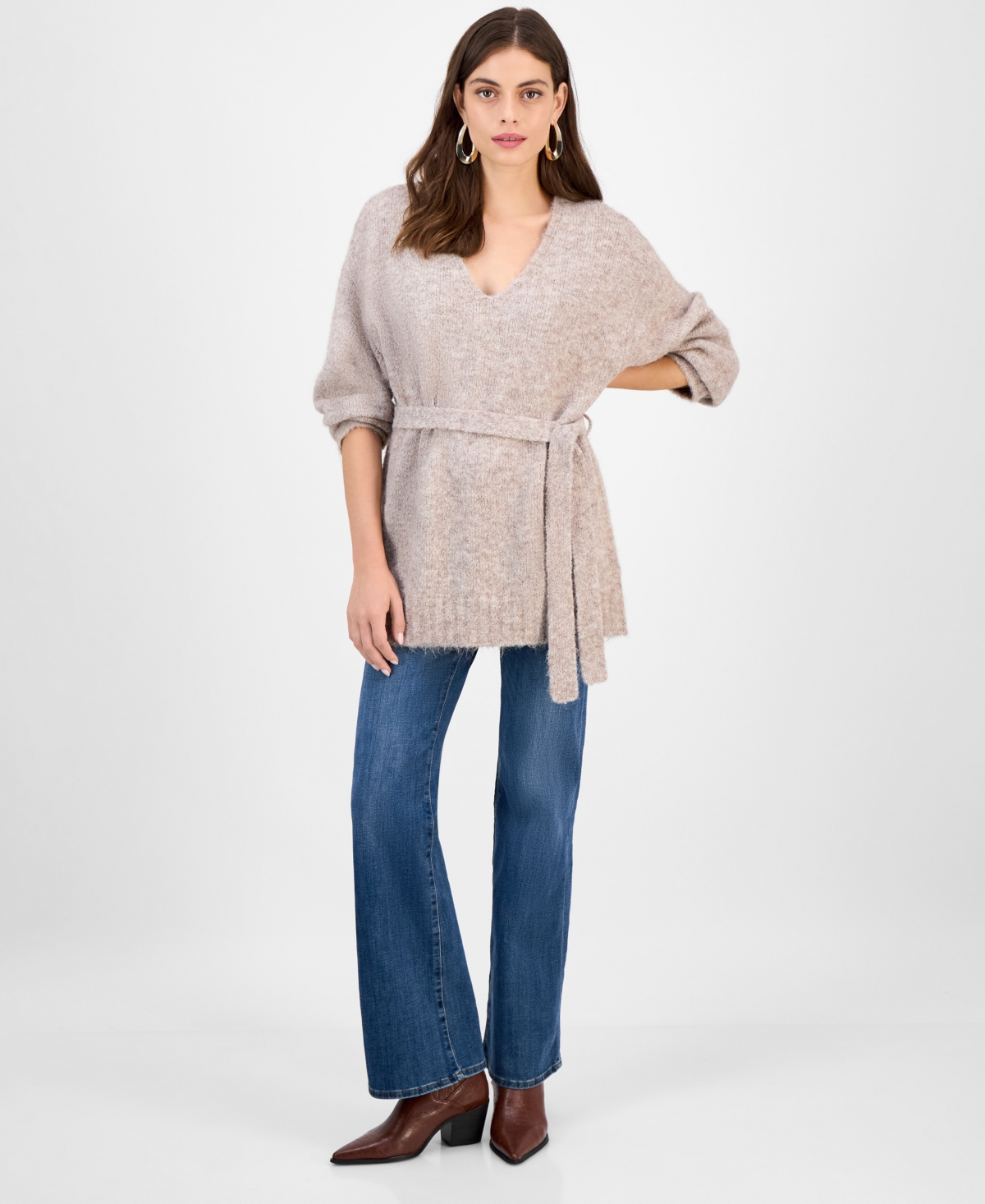 Guess Women's Kiyoka V-neck Tie-waist Long-sleeve Sweater In Brown