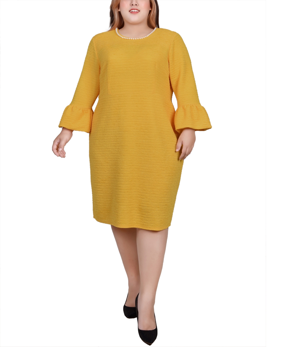 Ny Collection Plus Size 3/4 Length Imitation-pearl Detail Dress In Yellow