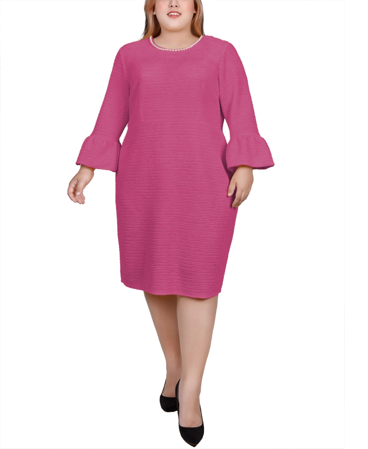 Ny Collection Plus Size 3/4 Length Cultivated Pearl Detail Dress In Pink