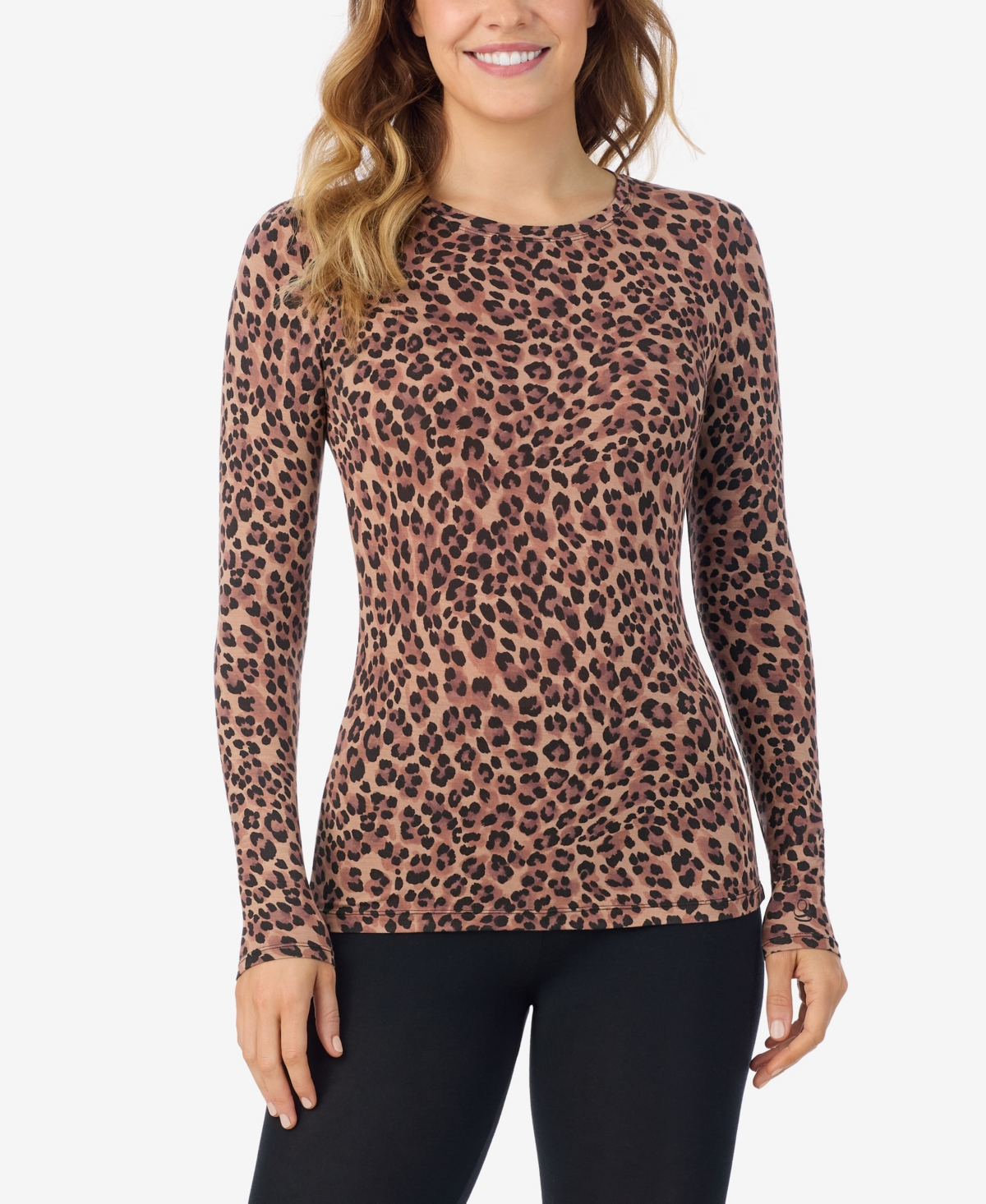 Cuddl Duds Petite Long Sleeve Crewneck Top In Brown